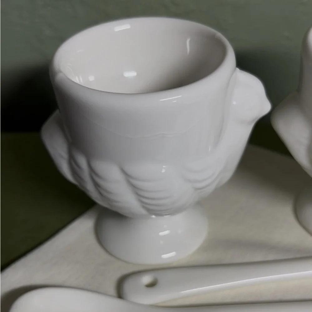 White Ceramic Egg Cups with Spoons